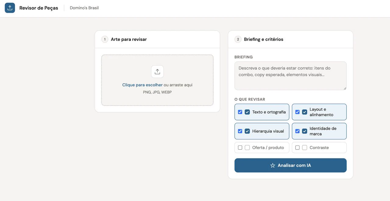 Revisor de Peças — tela de upload da arte e do briefing