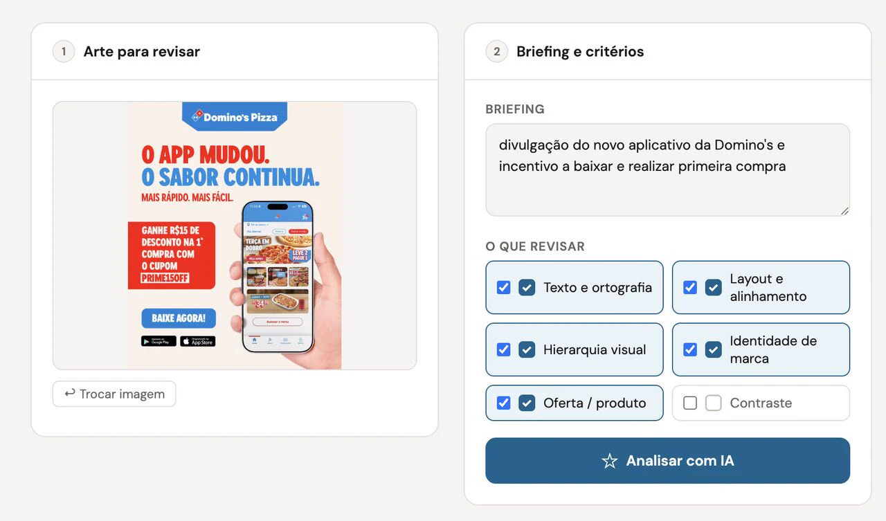 Revisor de Peças — arte enviada, briefing preenchido e critérios selecionados